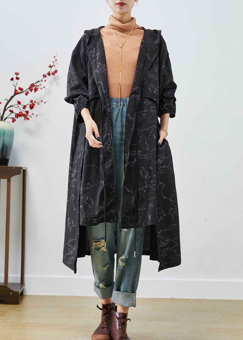 Boho Sort Asymmetrisk Print Snøre Spandex Trench Coats Efterår