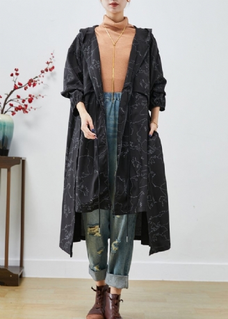 Boho Sort Asymmetrisk Print Snøre Spandex Trench Coats Efterår