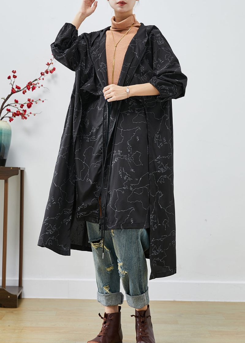 Boho Sort Asymmetrisk Print Snøre Spandex Trench Coats Efterår - Dame trenchcoats