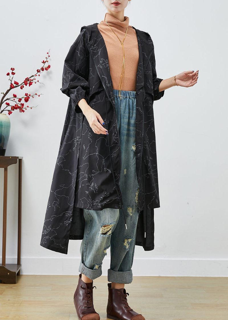 Boho Sort Asymmetrisk Print Snøre Spandex Trench Coats Efterår - Dame trenchcoats