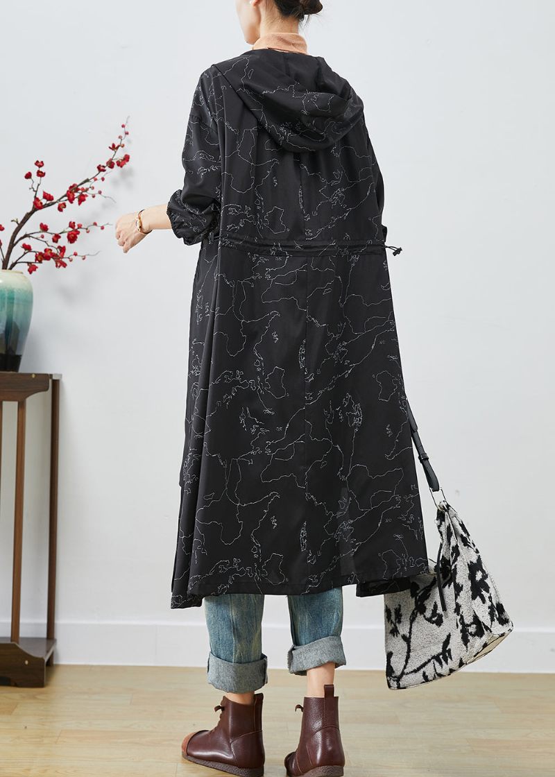 Boho Sort Asymmetrisk Print Snøre Spandex Trench Coats Efterår - Dame trenchcoats