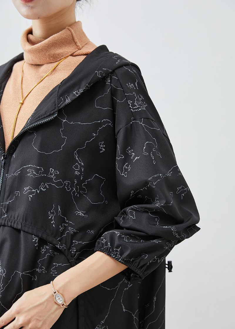 Boho Sort Asymmetrisk Print Snøre Spandex Trench Coats Efterår - Dame trenchcoats