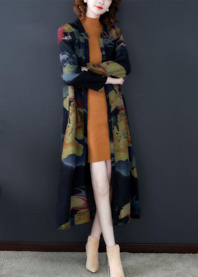 Boho Sort Turn-down Krave Print Bomuld Lange Trench Coats Ærmer - Dame trenchcoats