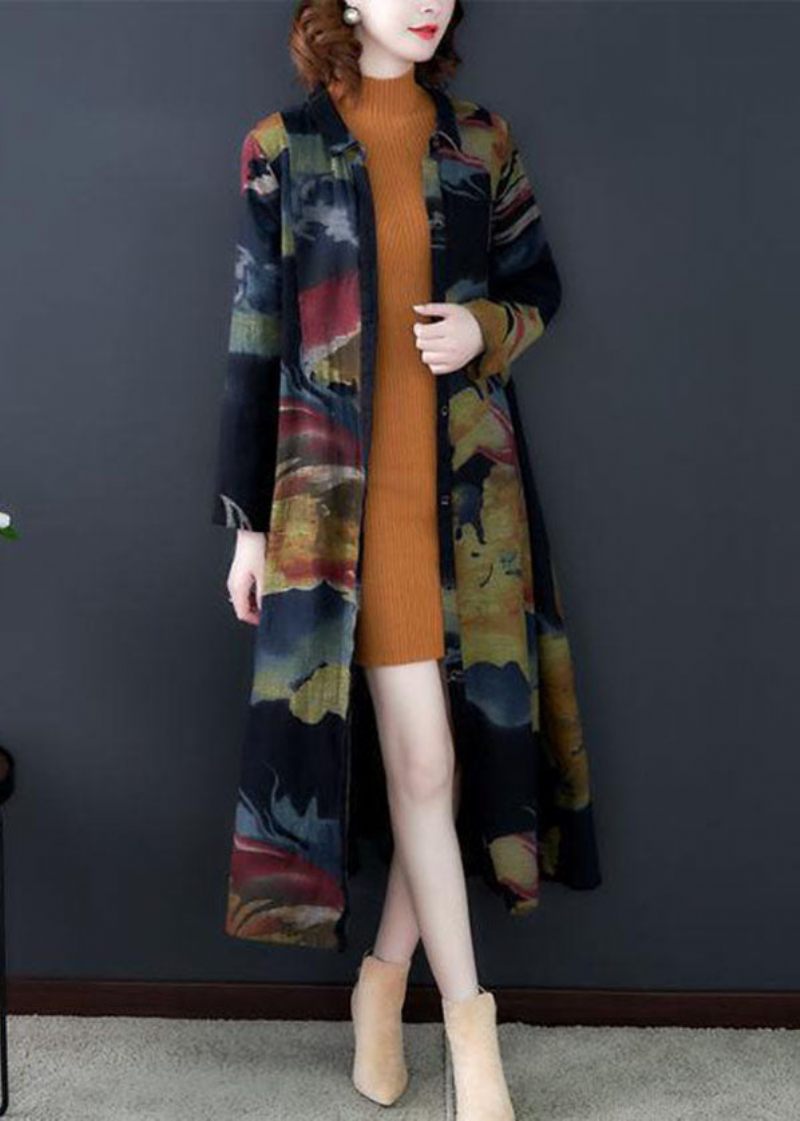 Boho Sort Turn-down Krave Print Bomuld Lange Trench Coats Ærmer - Dame trenchcoats