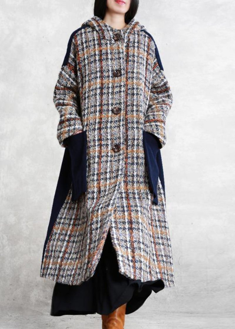 Boutique Afslappet Lang Vinterfrakke Blå Plaid Patchwork Uldoverfrakke Med Hætte - Dame trenchcoats