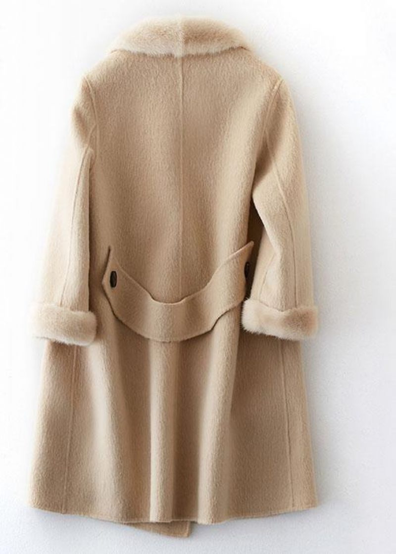 Boutique Beige Uldne Frakker Oversize Mellemlange Jakker Pelskrave Frakke Dobbelt Bryst - Dame trenchcoats