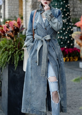 Boutique Blå Lommer Tie Talje Patchwork Denim Trench Fall