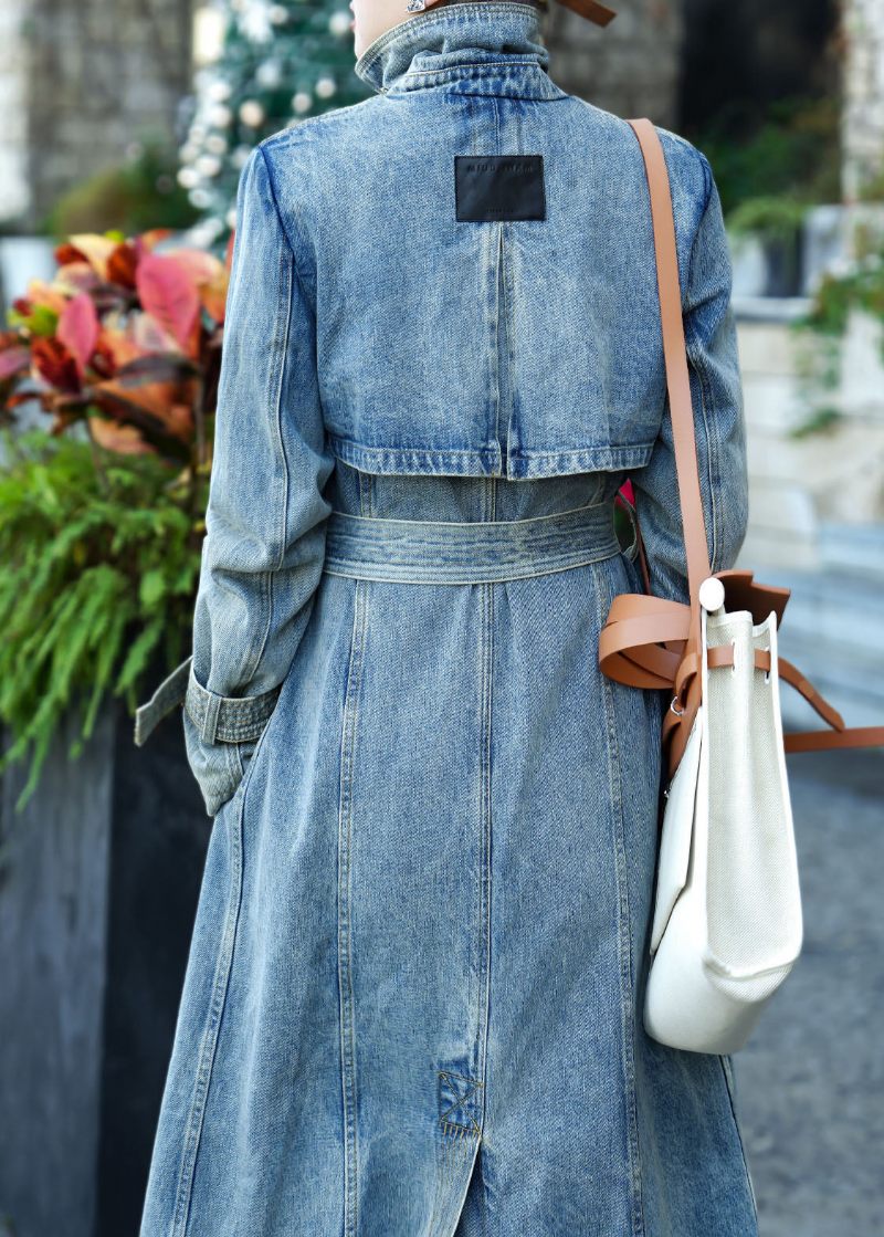 Boutique Blå Lommer Tie Talje Patchwork Denim Trench Fall - Dame trenchcoats