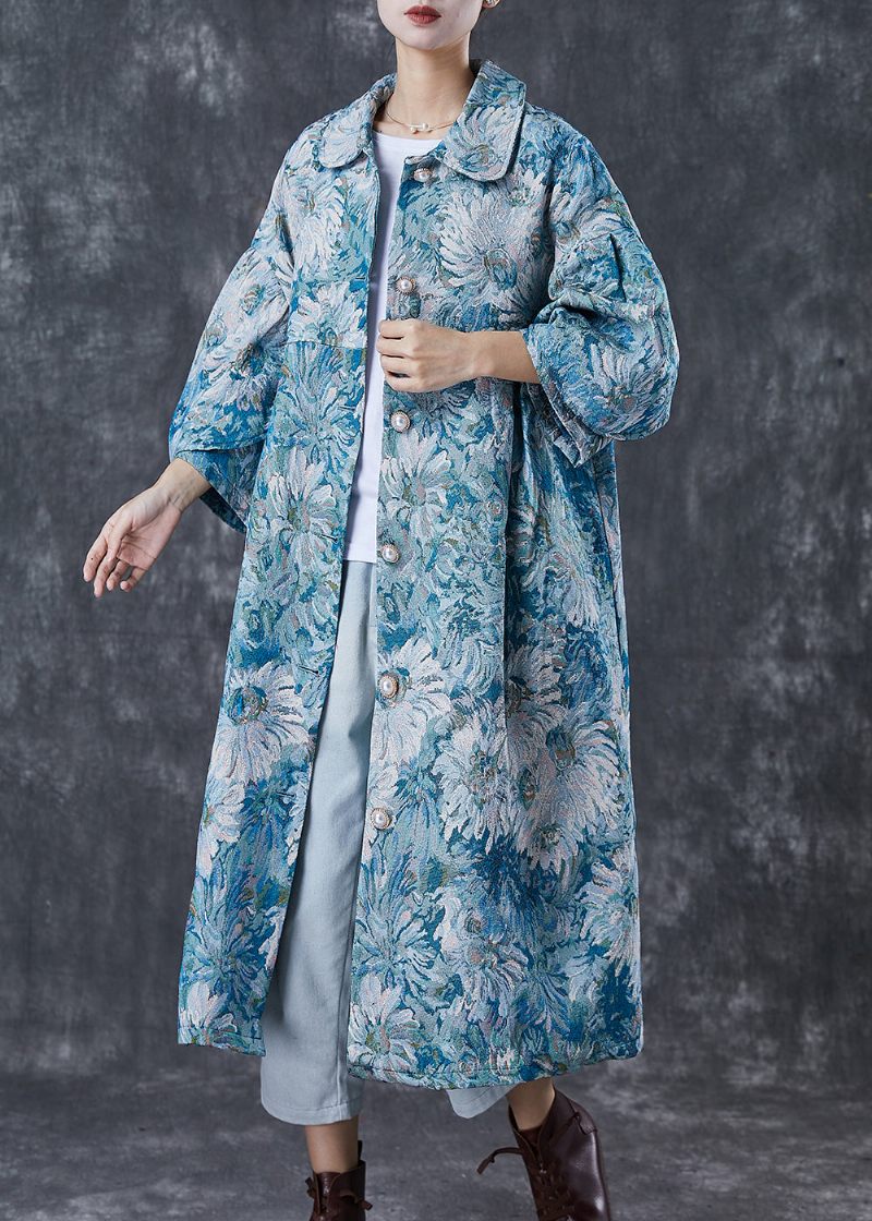 Boutique Blå Oversized Daisy Print Bomuld Trench Coats Spring