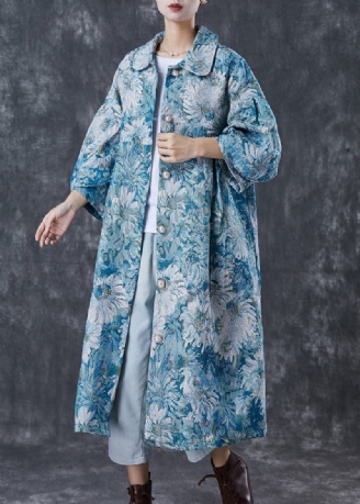 Boutique Blå Oversized Daisy Print Bomuld Trench Coats Spring