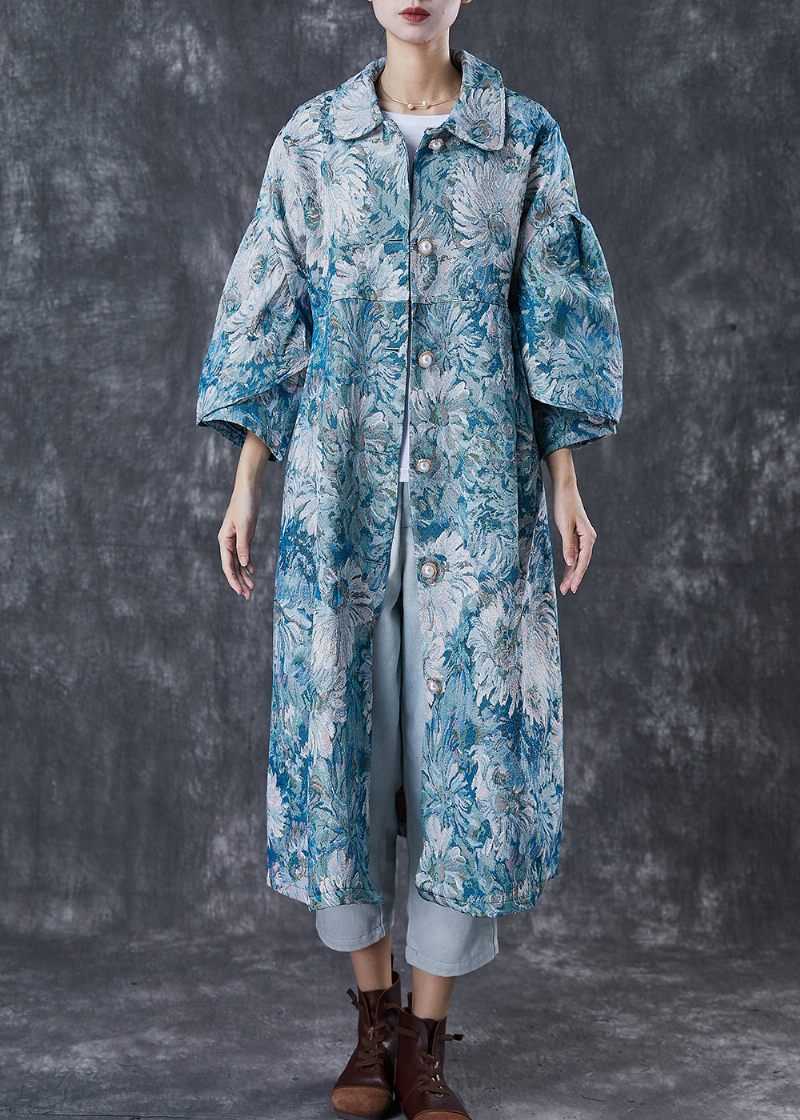 Boutique Blå Oversized Daisy Print Bomuld Trench Coats Spring - Dame trenchcoats