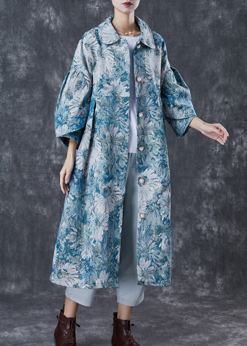 Boutique Blå Oversized Daisy Print Bomuld Trench Coats Spring - Dame trenchcoats