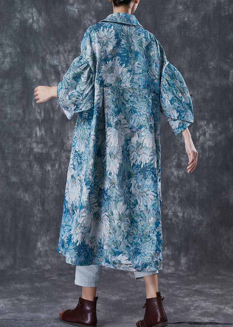 Boutique Blå Oversized Daisy Print Bomuld Trench Coats Spring - Dame trenchcoats