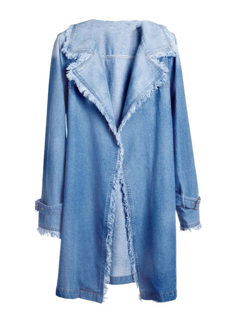 Boutique Blå Peter Pan Kravelommer Tie Talje Patchwork Denim Trench Fall - Dame trenchcoats