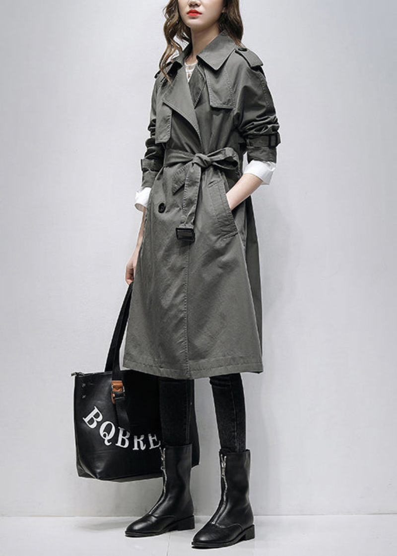 Boutique Grå Hakkede Lommer Tie Talje Bomuld Trench Spring - Dame trenchcoats