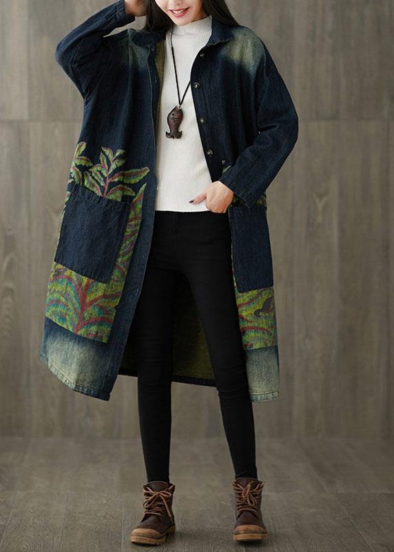 Boutique Navy Peter Pan Krave Lommer Knap Print Efterår Denim Langærmet Trench Coat