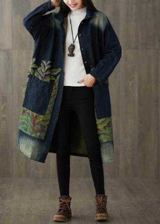 Boutique Navy Peter Pan Krave Lommer Knap Print Efterår Denim Langærmet Trench Coat