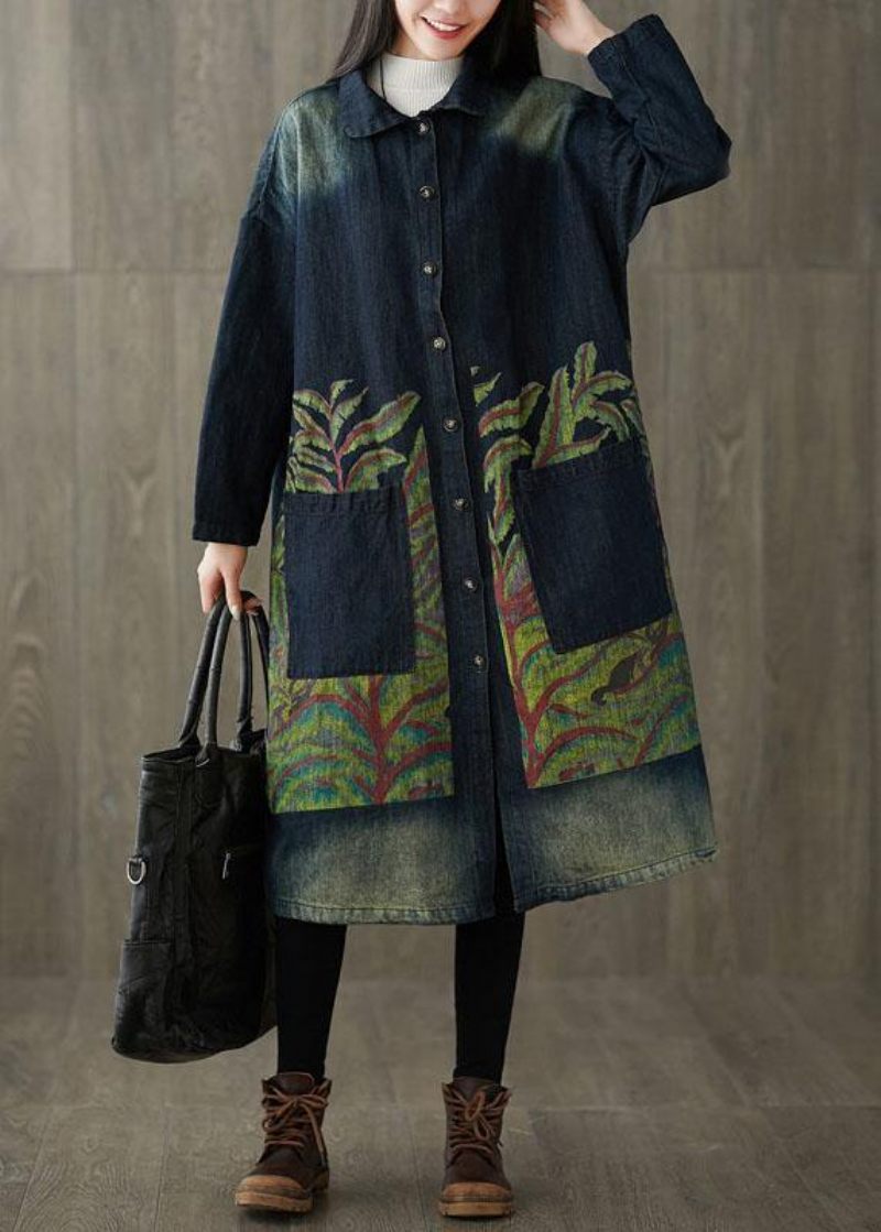 Boutique Navy Peter Pan Krave Lommer Knap Print Efterår Denim Langærmet Trench Coat - Dame trenchcoats