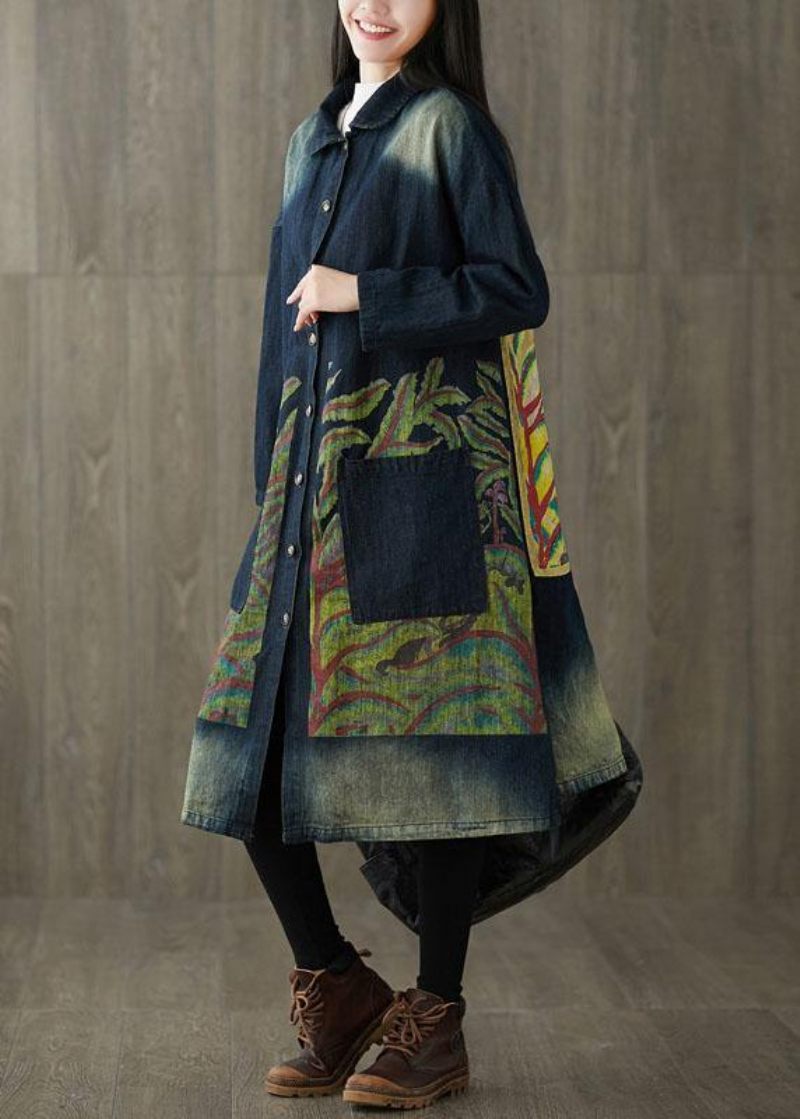 Boutique Navy Peter Pan Krave Lommer Knap Print Efterår Denim Langærmet Trench Coat - Dame trenchcoats