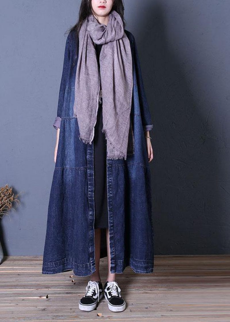 Boutique Oversize Langt Efterår Denim Blå Patchwork Button Down Damefrakker