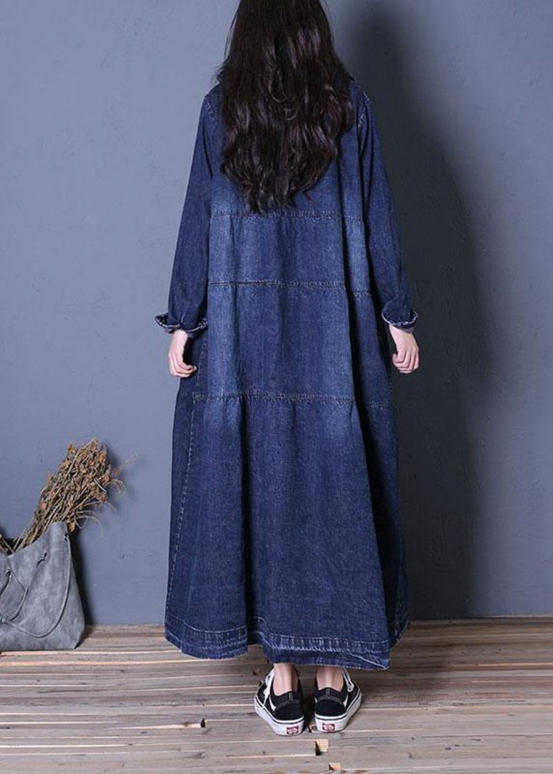 Boutique Oversize Langt Efterår Denim Blå Patchwork Button Down Damefrakker - Dame trenchcoats