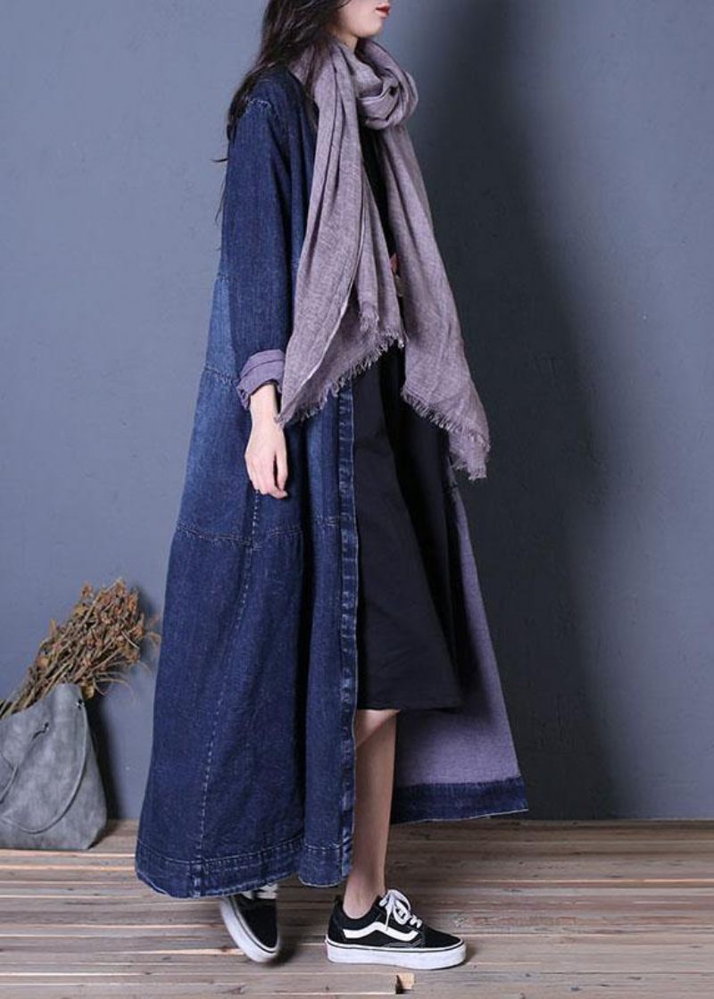 Boutique Oversize Langt Efterår Denim Blå Patchwork Button Down Damefrakker - Dame trenchcoats