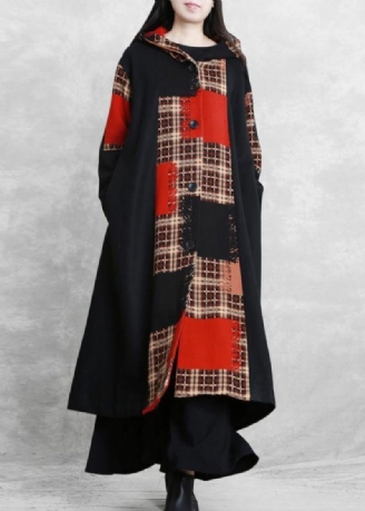 Boutique Oversized Lange Jakker Frakke Sort Plaid Hætte Patchwork Ulden Overfrakke