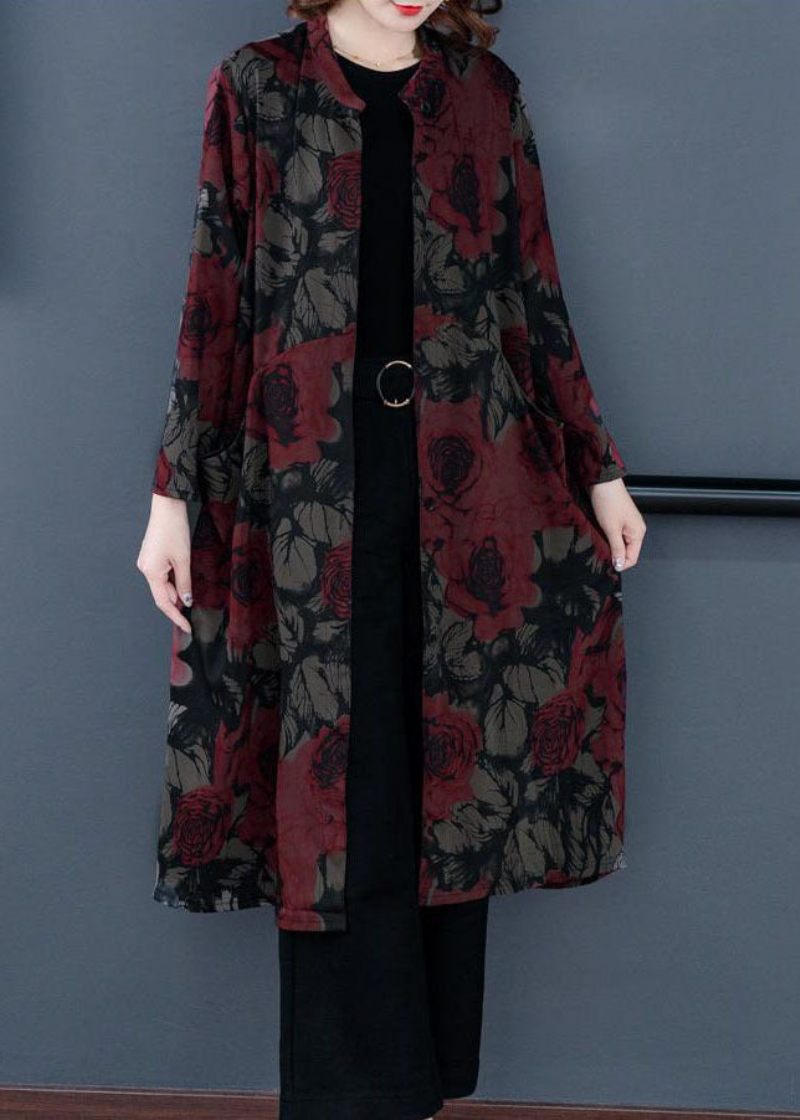 Boutique Rød Stand Krave Print Silke Coat Outwear Langærmet - Rød