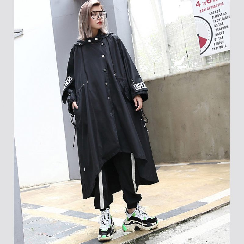 Boutique Sort Frakke Oversize Hættetrøje Kvinder Batwing Sleeve Asymmetrisk Design Frakker - Dame trenchcoats