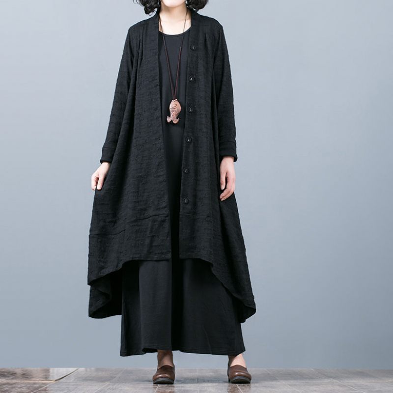 Boutique Sort Jacquard Frakker Oversize Baggy Stor Søm Asymmetrisk Design Outwear Kvinder Patchwork Maxi Frakke - Dame trenchcoats