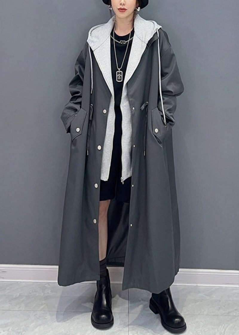 Boutique Sort Lommer Hætte False To Stykker Patchwork Trench Coat Fall