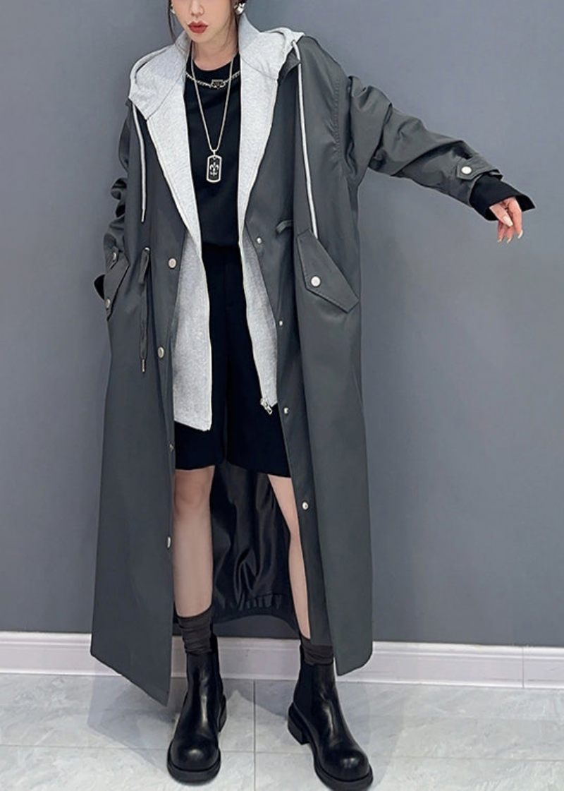 Boutique Sort Lommer Hætte False To Stykker Patchwork Trench Coat Fall - Dame trenchcoats