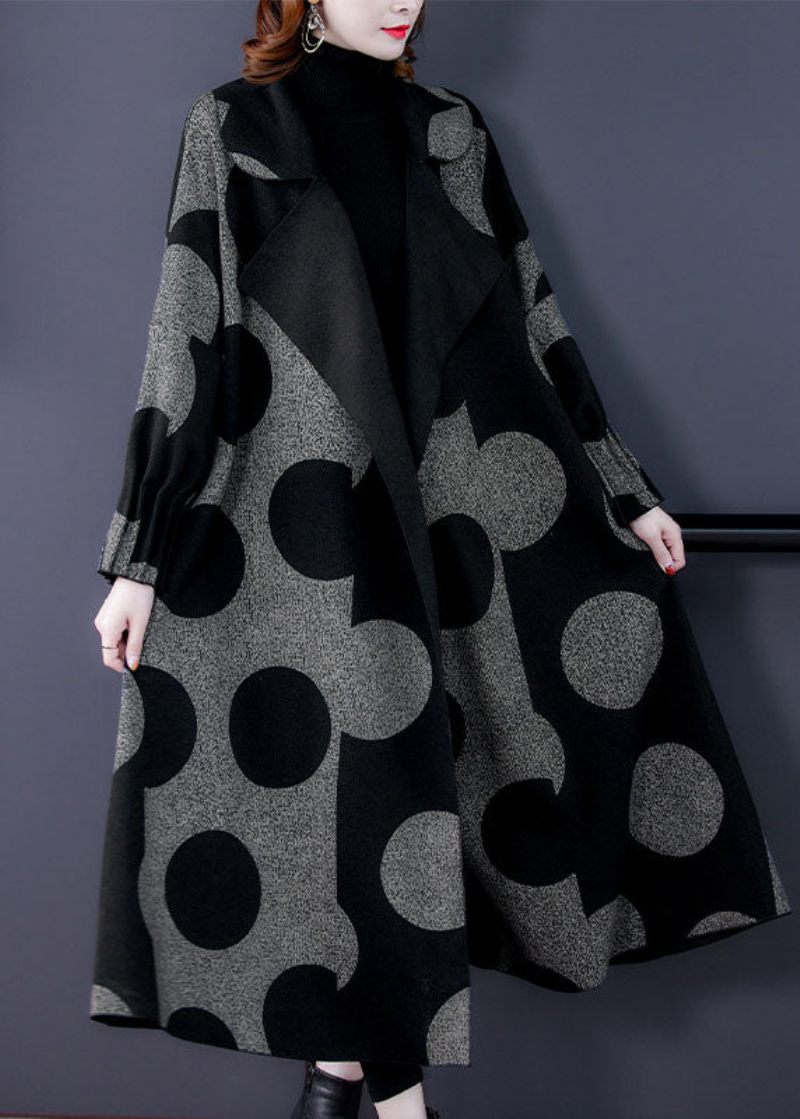 Boutique Sort Patchwork Dot Print Loose Fall Langærmet Frakke - Dame trenchcoats