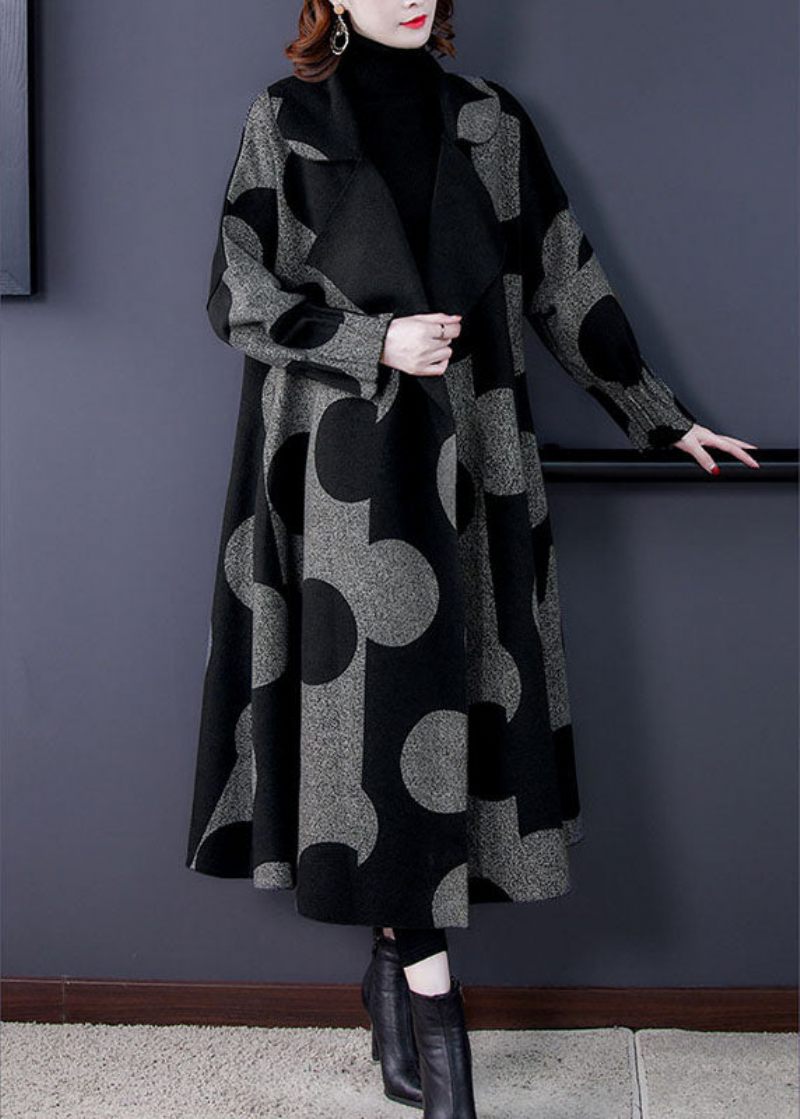 Boutique Sort Patchwork Dot Print Loose Fall Langærmet Frakke - Dame trenchcoats