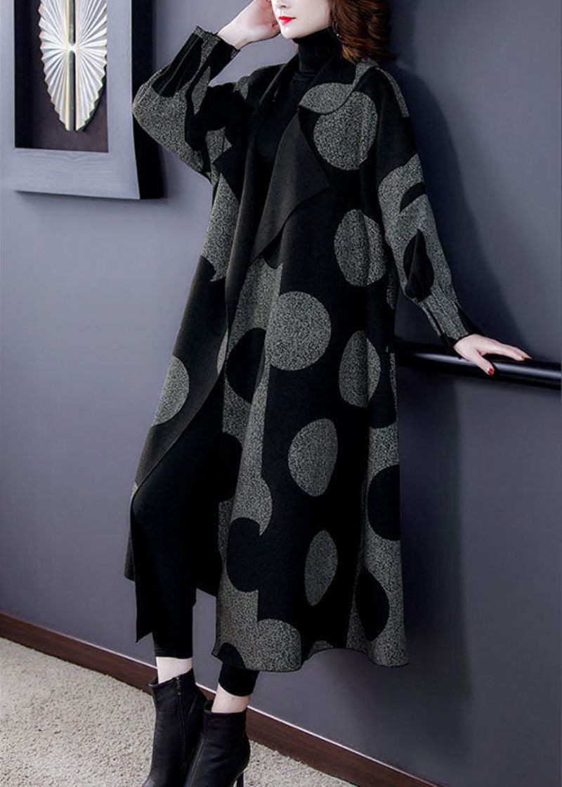 Boutique Sort Patchwork Dot Print Loose Fall Langærmet Frakke - Dame trenchcoats