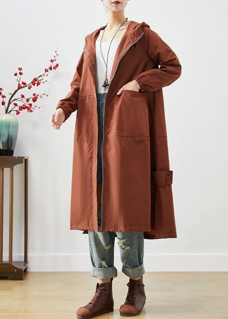 Brun Oversized Spandex Trench Hætte Lynlås Fall