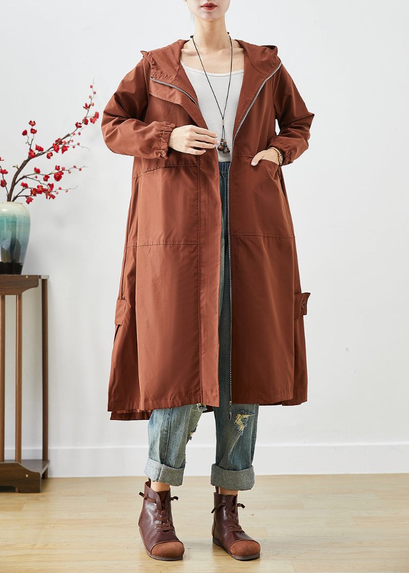 Brun Oversized Spandex Trench Hætte Lynlås Fall - Dame trenchcoats