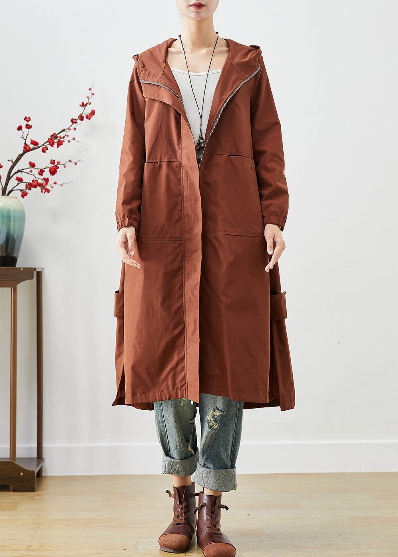 Brun Oversized Spandex Trench Hætte Lynlås Fall - Dame trenchcoats