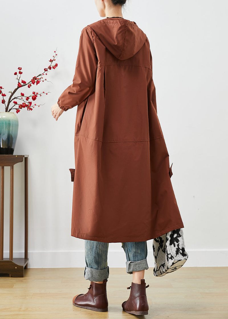 Brun Oversized Spandex Trench Hætte Lynlås Fall - Dame trenchcoats