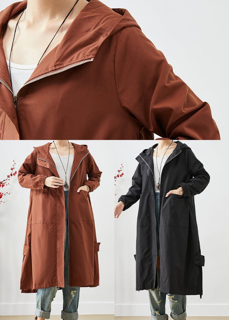 Brun Oversized Spandex Trench Hætte Lynlås Fall - Dame trenchcoats