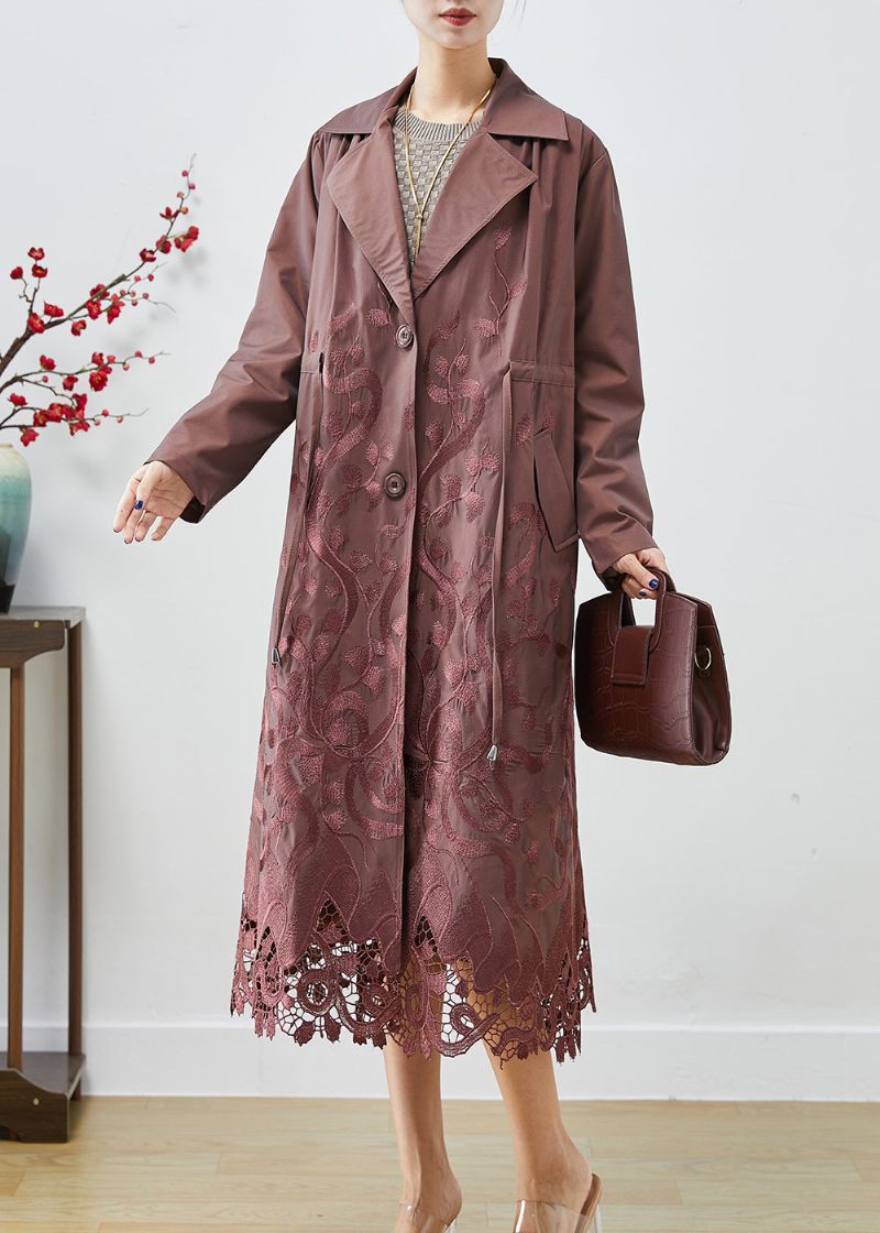 Brun Spandex Trench Coats Broderet Tie Talje Fall