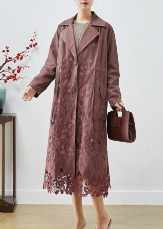 Brun Spandex Trench Coats Broderet Tie Talje Fall