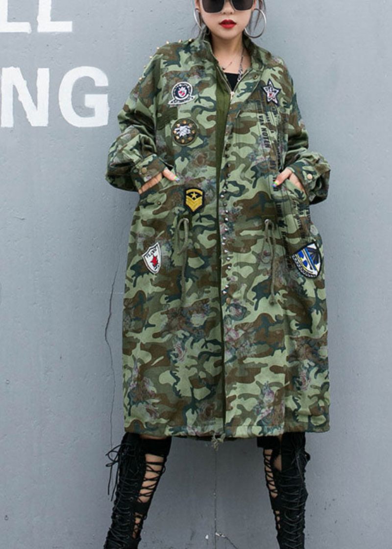 Casual Camouflage Nitte Print Lommer Efterår Denim Langærmede Trenchcoats Frakke