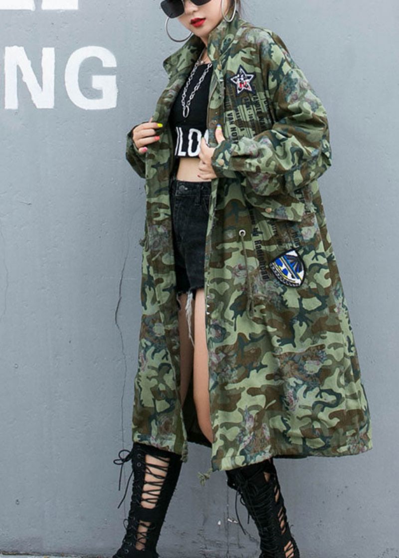 Casual Camouflage Nitte Print Lommer Efterår Denim Langærmede Trenchcoats Frakke - Sort