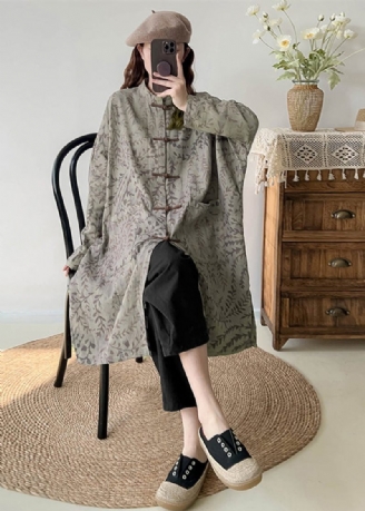 Casual Grøn Oversized Print Linen Coat Outwear Efterår