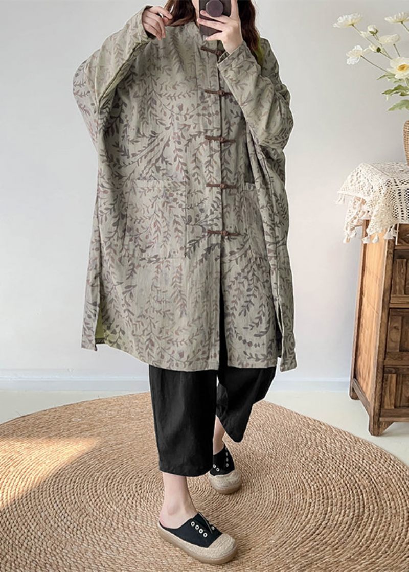 Casual Grøn Oversized Print Linen Coat Outwear Efterår - Dame trenchcoats