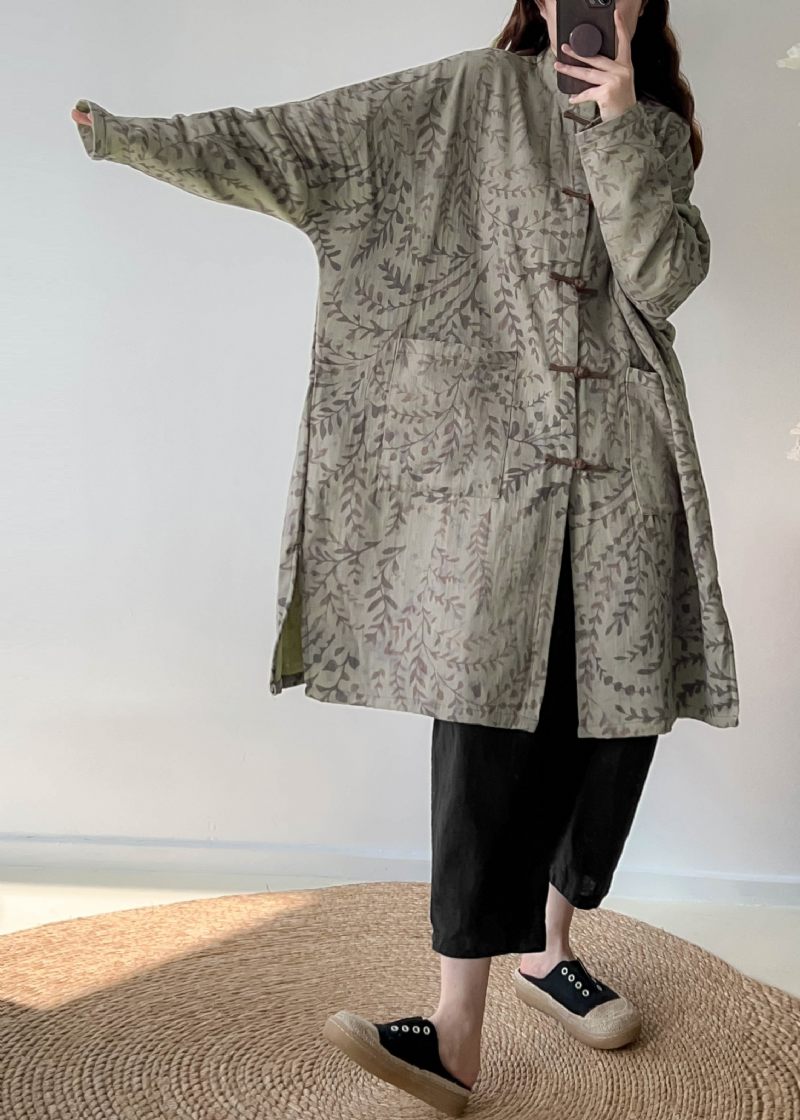 Casual Grøn Oversized Print Linen Coat Outwear Efterår - Dame trenchcoats