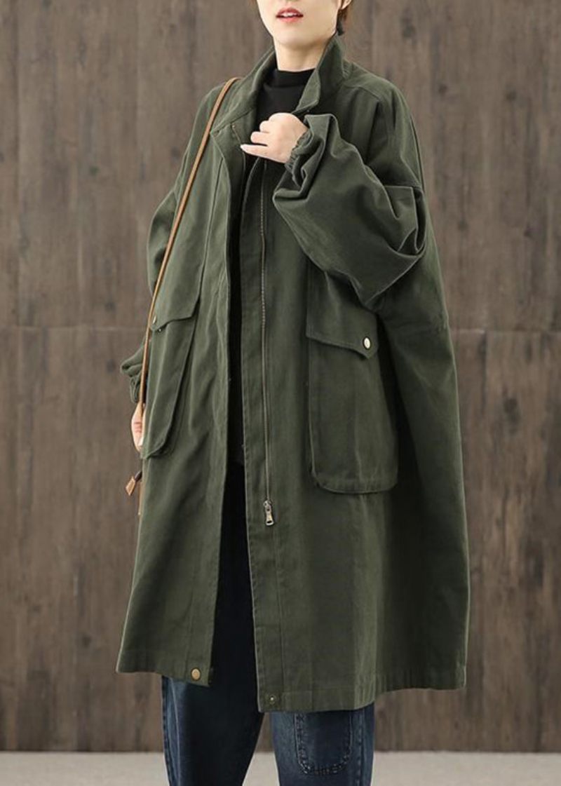 Casual Grøn Peter Pan Krave Lynlås Lommer Trench Coats Bomuld Lange Ærmer