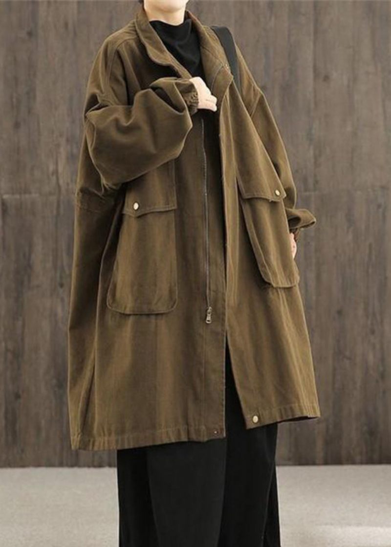 Casual Grøn Peter Pan Krave Lynlås Lommer Trench Coats Bomuld Lange Ærmer - Grøn