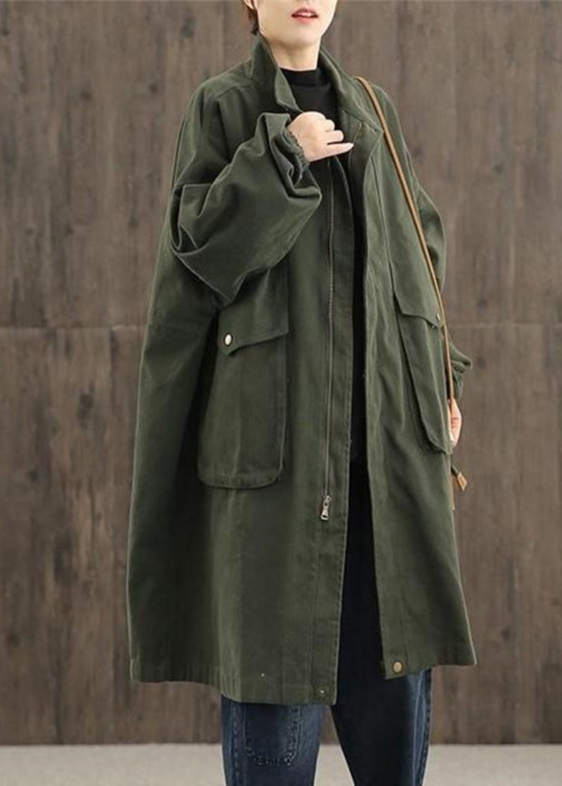 Casual Grøn Peter Pan Krave Lynlås Lommer Trench Coats Bomuld Lange Ærmer - Grøn